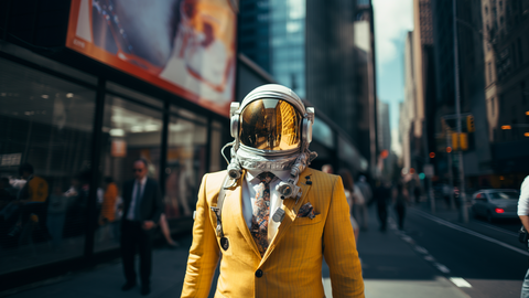 Das Bild zeigt einen Astronauten, der einen Astronautenhelm trägt, aber auch ein gelbes Businessjackett und eine Krawatte. Er geht eine belebte Straße in einer Großstadt entlang. | © wob AG