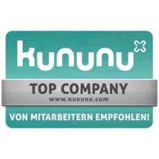 Kununu Top Company Zu sehen ist eine Auszeichnung von Kununu, die besagt: Top Company, www.kununu.com, von Mitarbeitern empfohlen.