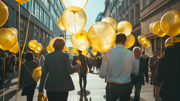 This picture shows a street in a large city. The street is full of business people who can be seen from behind, walking between tall buildings away from the camera towards the sunny horizon. They are holding lines of floating, transparent yellow balloons with numbers written on them. The balloons are illuminated by the sunlight.  | © wob AG