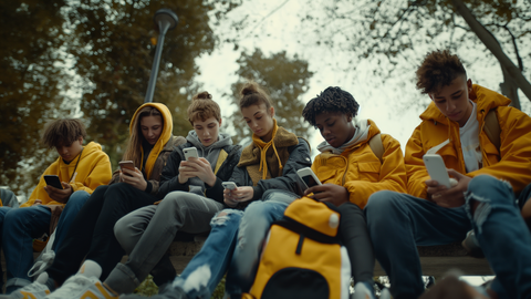 A group of young people are sitting together on a bench in the open air, each staring at their own smartphone. Some of the young people are wearing yellow jackets or accessories. Blurry green treetops can be seen in the background. | © wob AG
