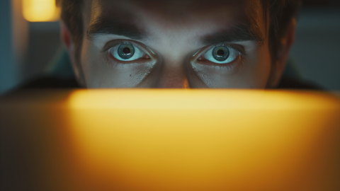 Close up of a person sitting behind a yellow monitor with an intense look. The light of the monitor reflects in their face. | © wob AG