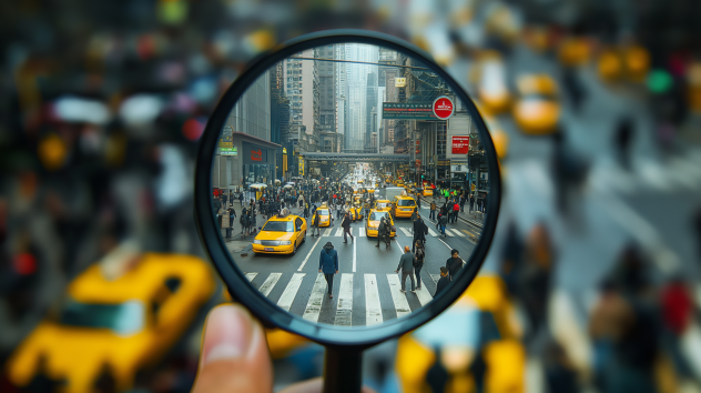 The image shows a view through a magnifying glass focused on a busy, vibrant street in a large city. Visible are yellow cars, yellow taxis, and people walking on the sidewalks and across a crosswalk. The scene within the magnifying glass is sharply in focus, while the background around the magnifying glass is blurred. | © wob AG
