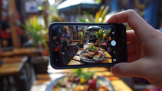 The photo shows a smartphone capturing a meal on a table in a restaurant. The dish is clearly visible on the smartphone screen, while the background around the smartphone is blurred. | © wob AG