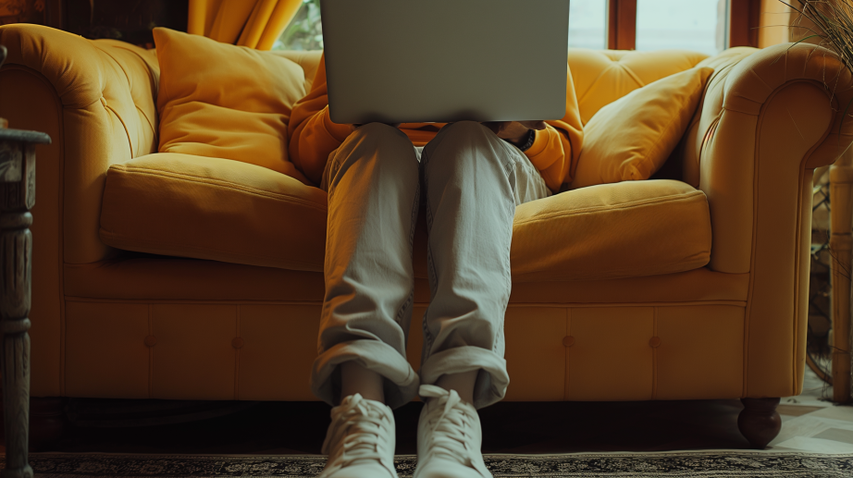 Shoot of a person sitting on a yellow couch, watching something on a notebook. The face of the person is not visible, as it’s hidden by the notebook. | © wob AG