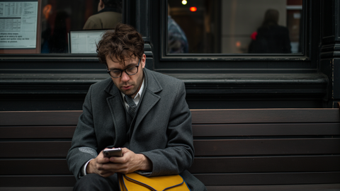 A man in a suit is sitting on a bench in a waiting area, staring at his smartphone. He has a small yellow bag with him. | © wob AG