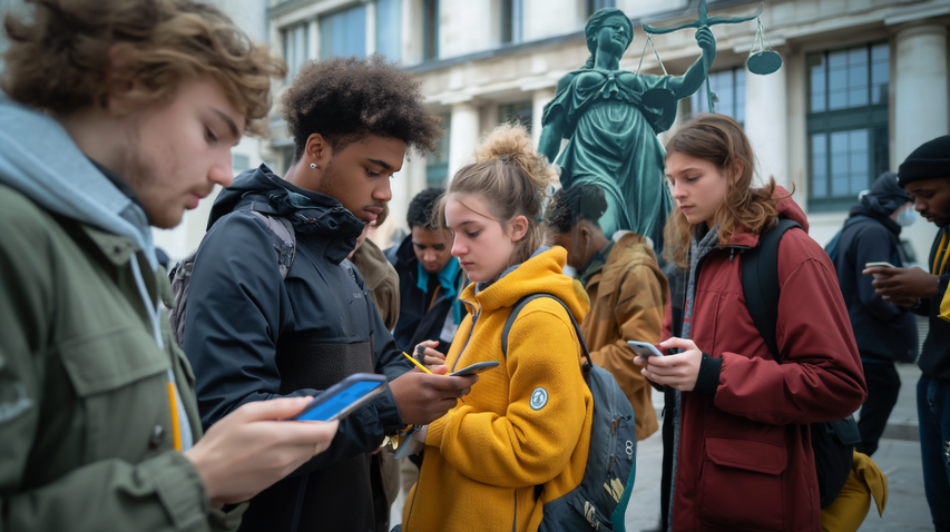 Junge Menschen mit Smartphones in der Hand stehen vor einer Justitia-Statue. Symbol für Gerechtigkeit und Rechtsstaatlichkeit. Passend zum farblichen Erscheinungsbild der wob trägt eine junge Frau eine gelbe Jacke. | © wob AG