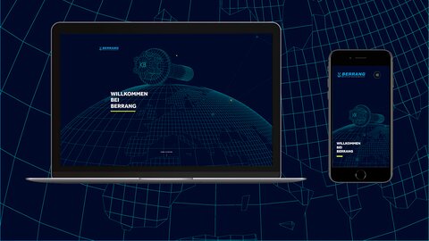 You can see a laptop and a smartphone, each showing the home screen of Berrang's new website - one in desktop view and one in mobile view. The website is in dark blue. The words "Welcome to Berrang" are emblazoned on the screen in white letters. The background of the website shows half a globe in a mesh look, with a screw above it, also in a mesh look. The background of the image is dark and has a similar look to the website's home screen. | © wob AG
