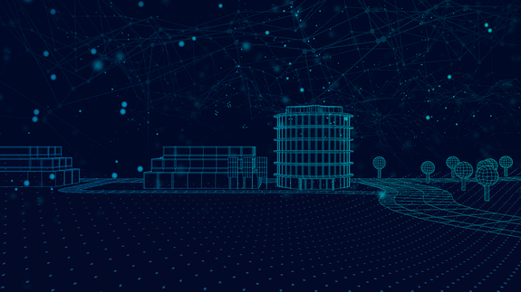 Several abstract buildings, trees and streets are depicted on a dark blue background in a mesh look. Mesh-like connections can also be seen in the sky above the buildings. The mesh-like visualisations are in a bright light blue and stand out well against the dark background. | © wob AG