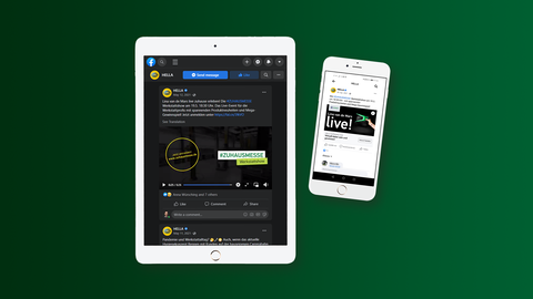 Digital adverts for the #ZUHAUSEMESSE workshop show Here you can see a tablet and a smartphone with examples of advance communication for the digital live event #Zuhausmesse