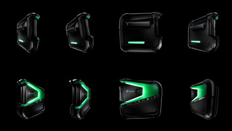 Product images mega macs X | © wob AG This picture shows the black and green mega macs X product from Hella Gutmann from eight different perspectives, with high-quality lighting on a black background. | © wob AG