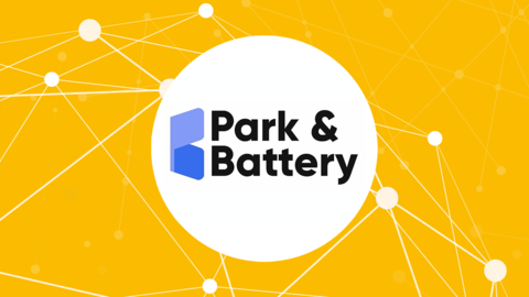 The Park & Battery logo is in the centre on a white circle. Behind it is a yellow background with a white network of nodes.